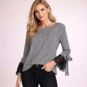 Worthington, black and white striped lace Bell sleeve Boho chic blouseTie sleeve